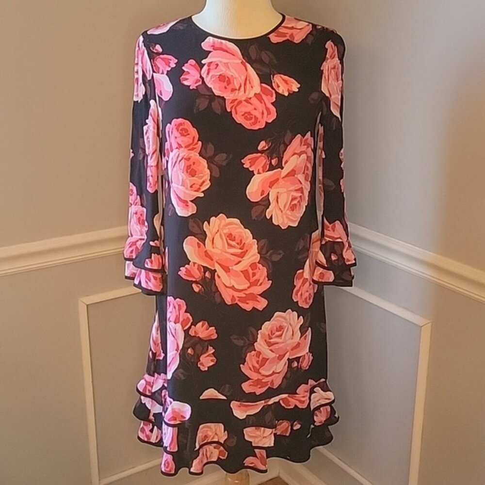 KATE SPADE‎ Rosa Black Pink Rose Tiered Ruffle Party Valentine's Shift Dress S